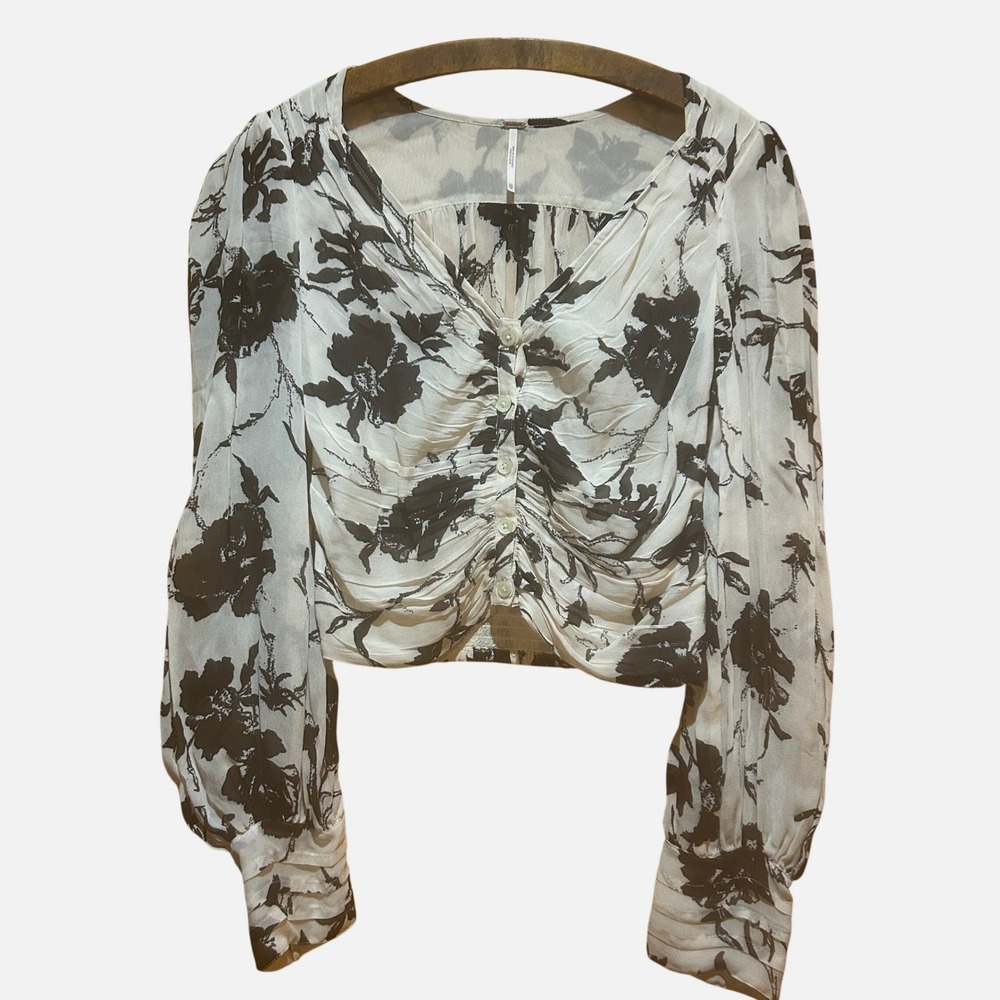 Free People Blouse Womens XS Ivory‎ Black Floral Cropped Boho Feminine Coquette
